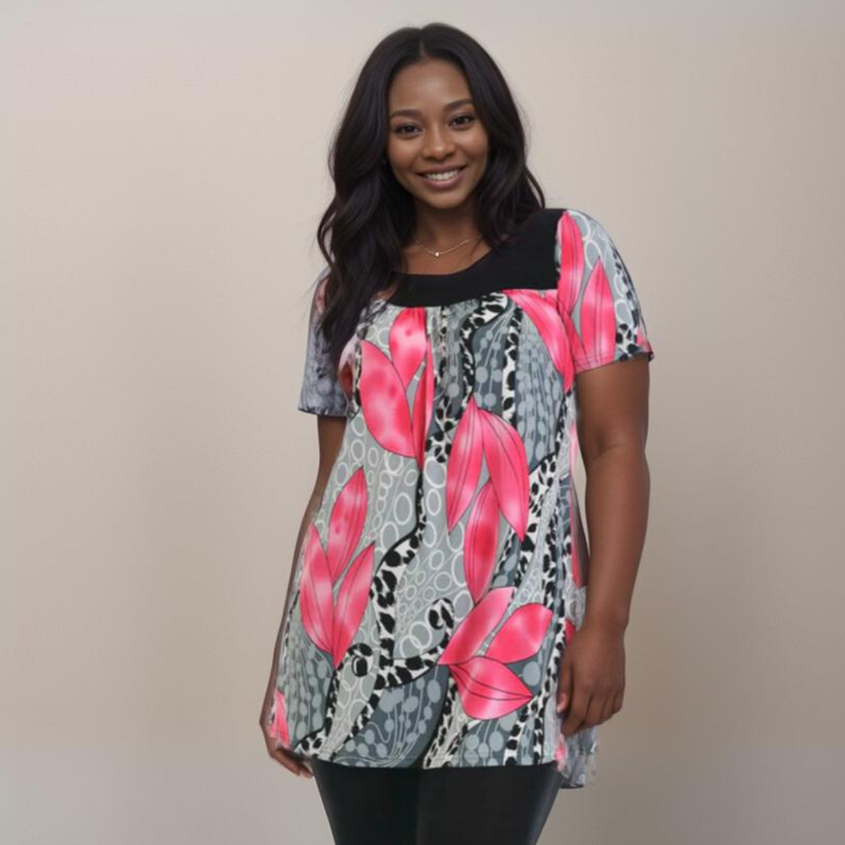 ROCKTHOSECURVES SHORT SLEEVE SMOCK TOP WITH LARGE LEAF PRINT