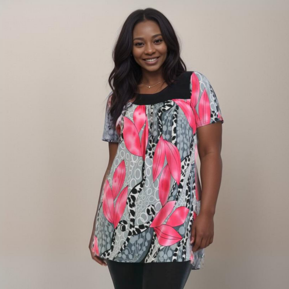 ROCKTHOSECURVES SHORT SLEEVE SMOCK TOP WITH LARGE LEAF PRINTFUCHSIA / UK 12-14