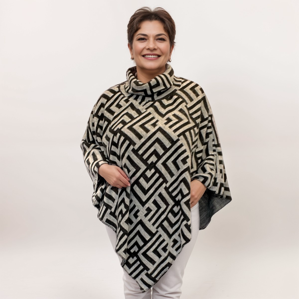 ROCKTHOSECURVES V HEM POLO NECK KNITTED PONCHO WITH GRECIAN PATTERN