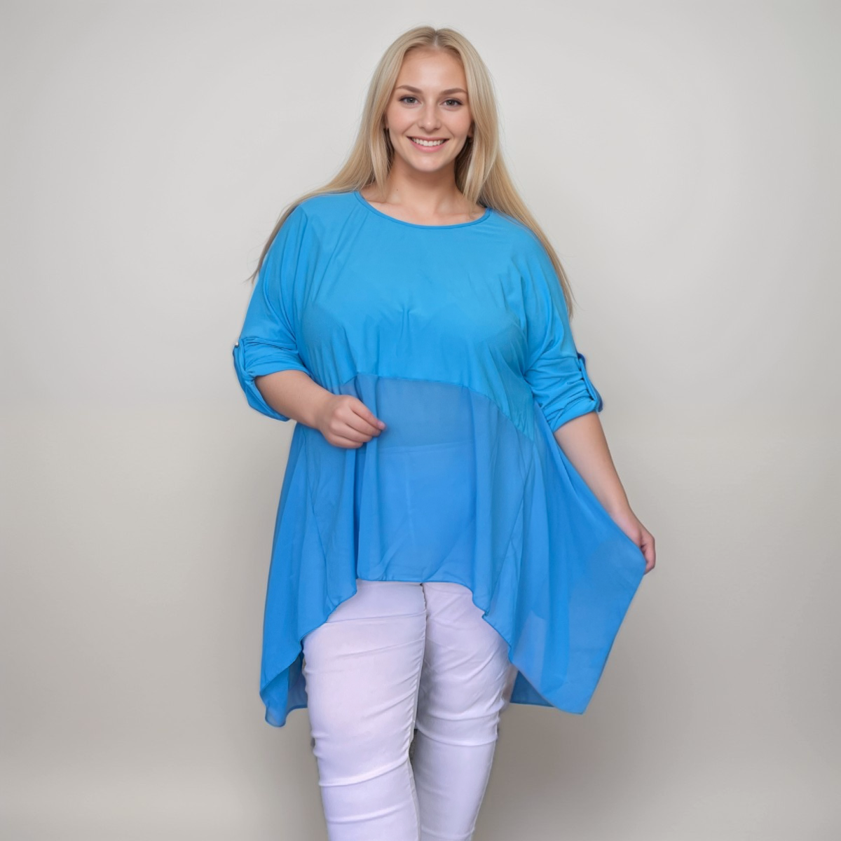 ROCKTHOSECURVES BUTTON SLEEVE CHIFFON HANKY HEM LONG TOP / BLOUSE