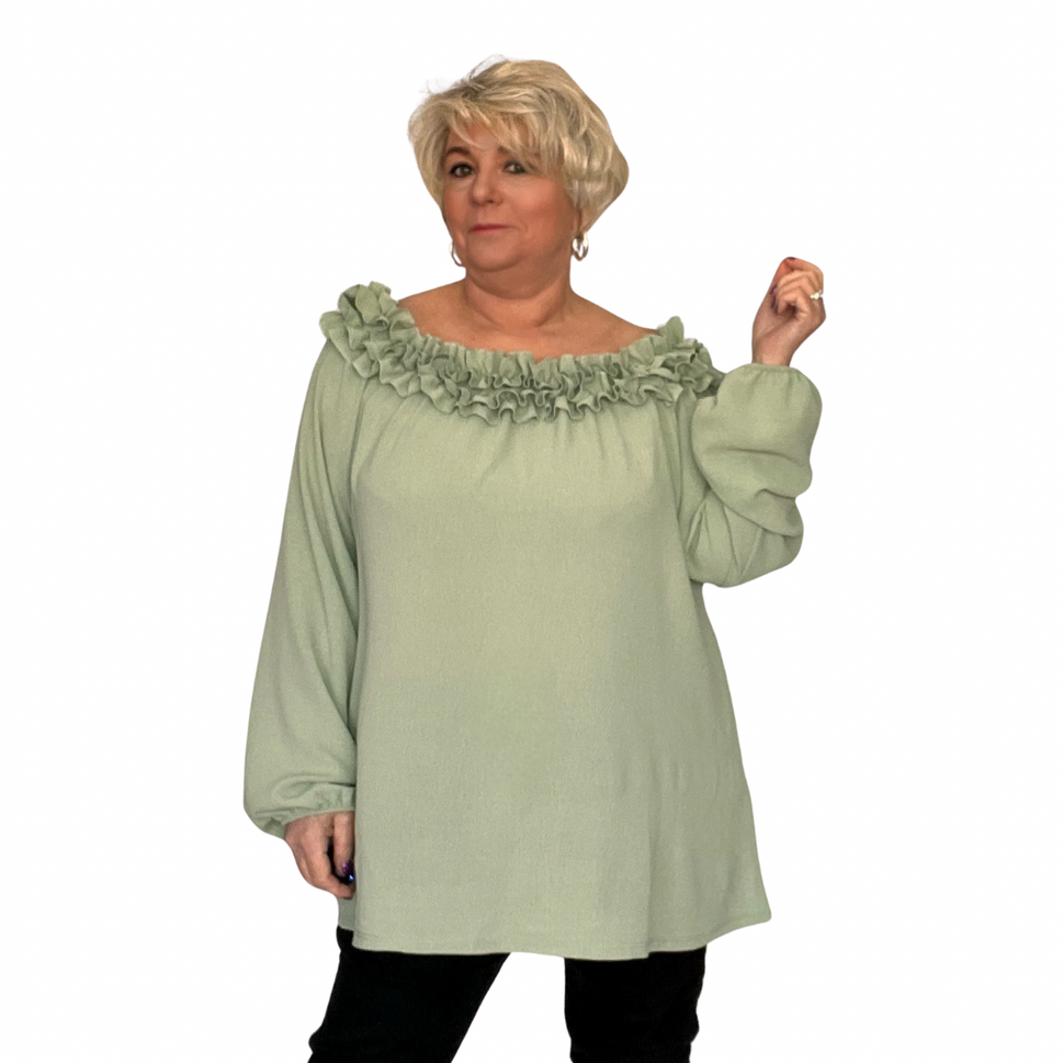 ROCKTHOSECURVES RUFFLED NECK OFF SHOULDER LONG SLEEVE TOP BLOUSEMINT / UK 12-14