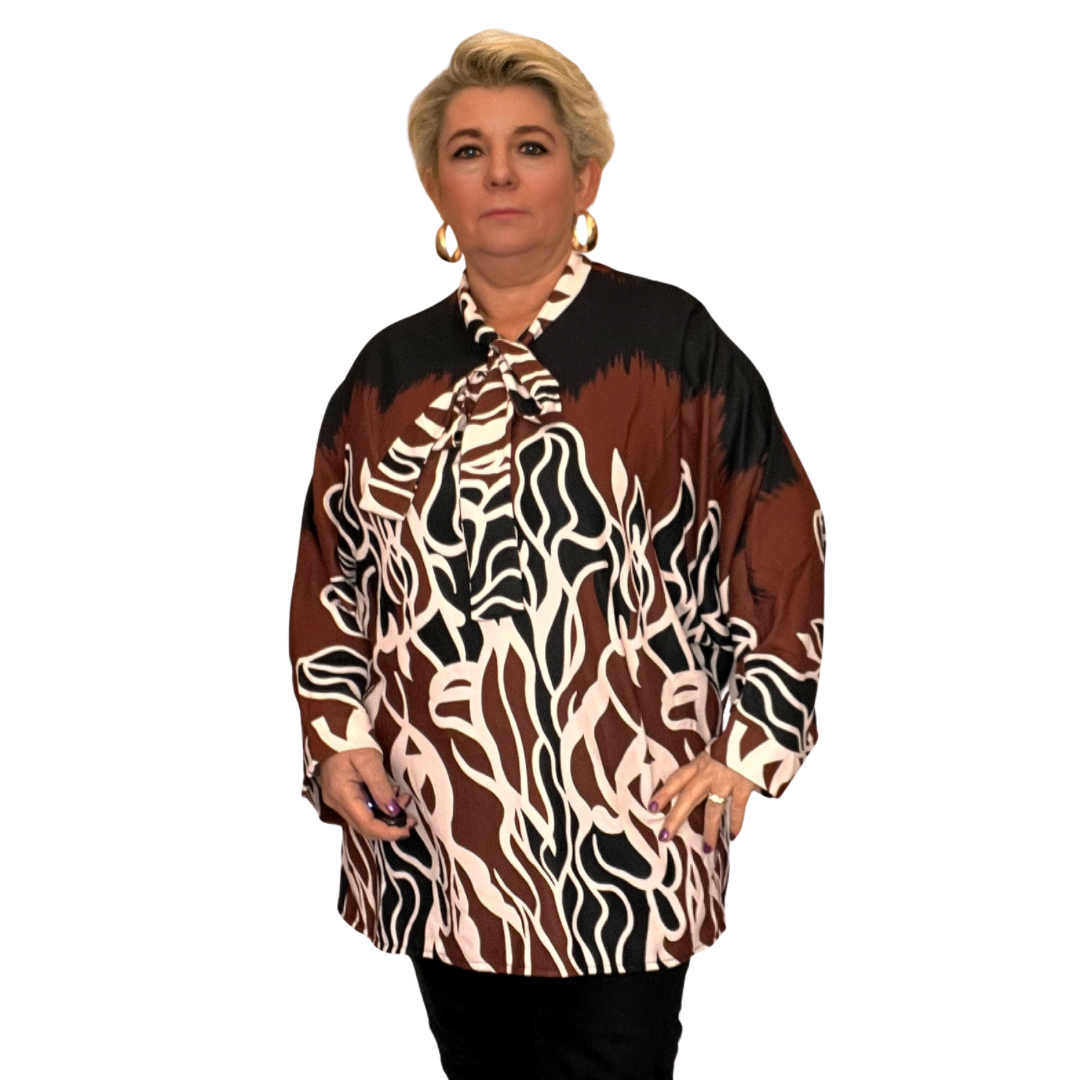 FLAME PRINT LONG LENGTH BLOUSE WITH NECK TIE