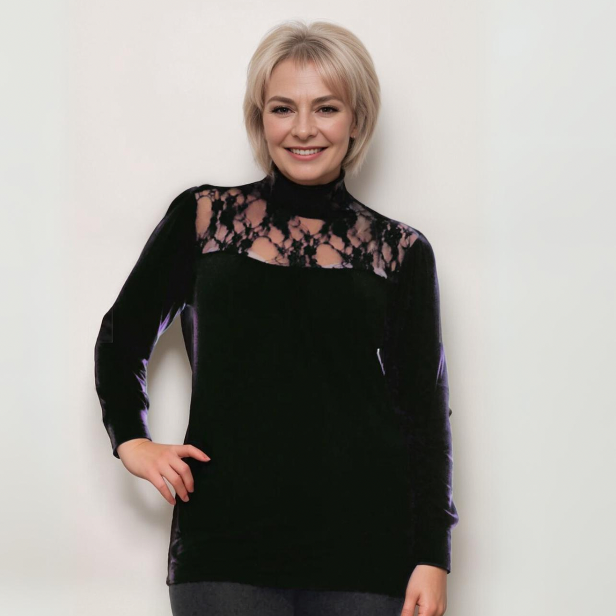 ROCKTHOSECURVES POLO NECK LACE NECK LINE LONG SEEVE TOP