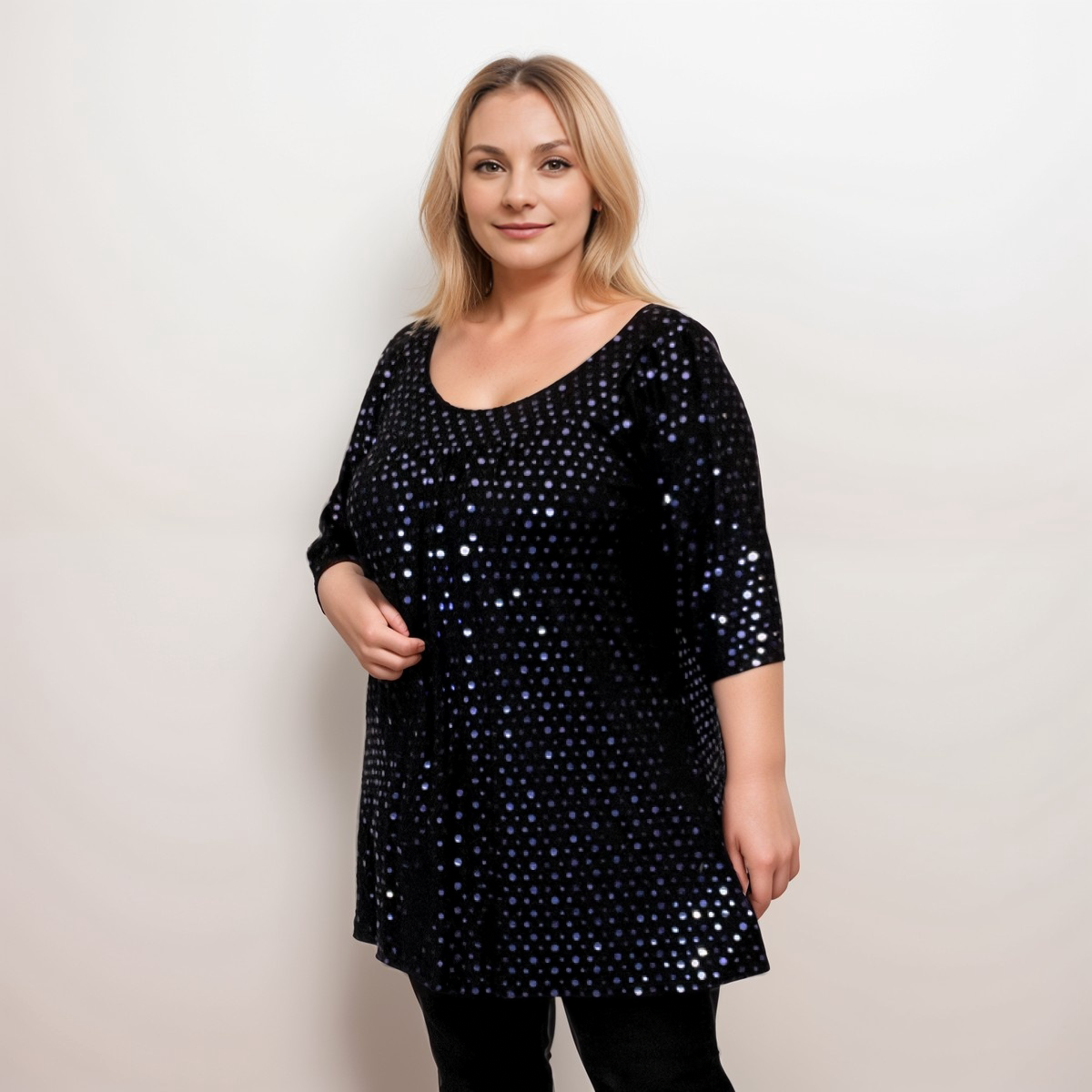 BLACK SEQUIN COVERED SHORT SLEEVE SMOCK TOP