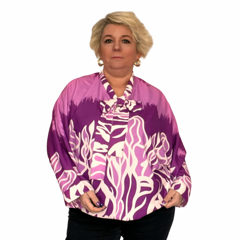 FLAME PRINT LONG LENGTH BLOUSE WITH NECK TIEMAGENTA / UK 16-18