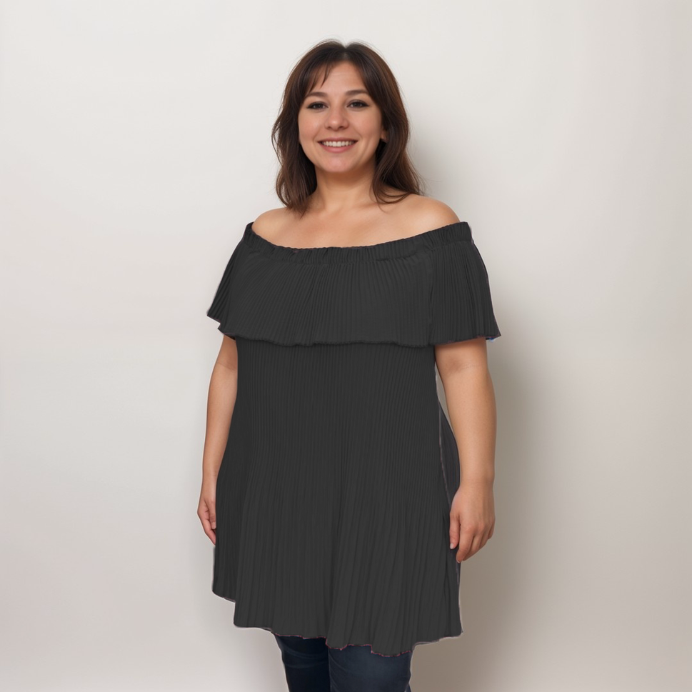 CRINKLED PLEATED LONG OFF SHOULDER TOPBLACK / UK 16-18