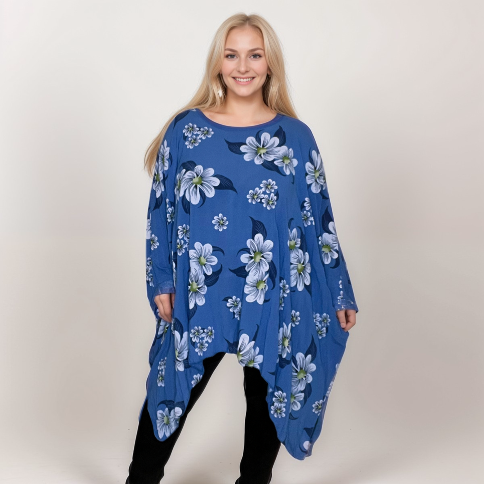 ROCKTHOSECURVES FLORAL OVERSIZED KAFTAN / BLOUSE WITH SEQUIN CUFFSBlue / ONE SIZE