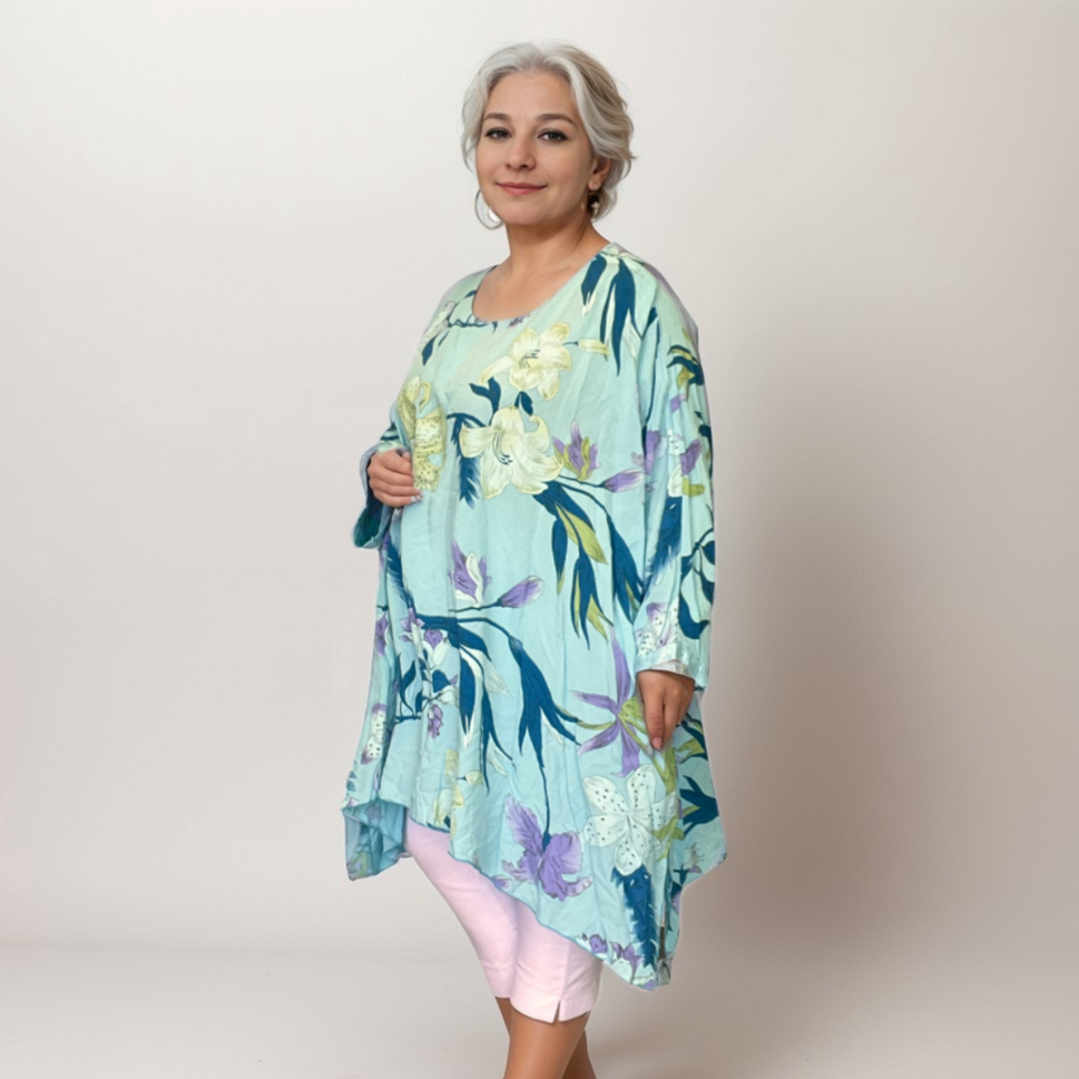 ROCKTHOSECURVES BRIGHT LILY PRINT OVERSIZED KAFTAN / BLOUSE WITH SEQUIN CUFFSTURQUOISE / ONE SIZE