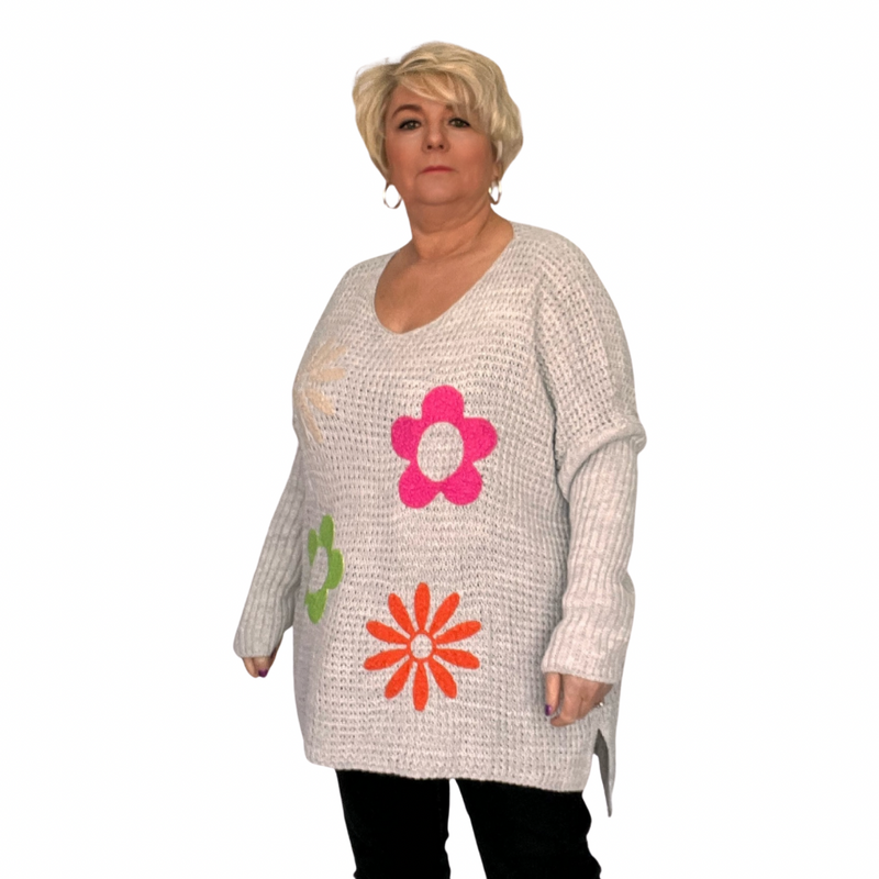 V NECK JUMPER WITH APPLIQUE HIPPY STYLE FLOWERS