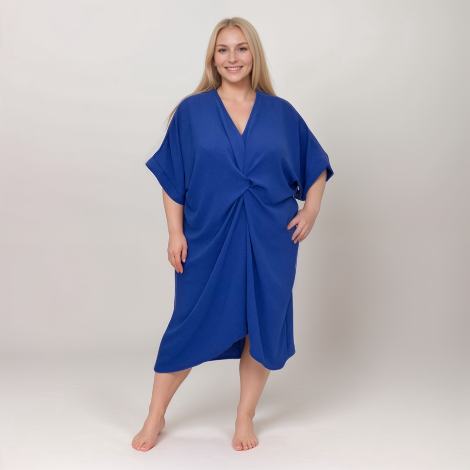 ROCKTHOSECURVES PLAIN LOOSE FITTING V NECK KNOT FRONT DRESSROYAL BLUE / UK 16-18