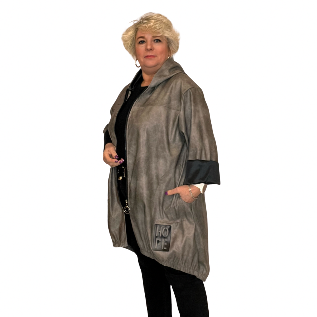 MOTTLED FAUX LEATHER LONG LENGTH COAT WITH ELASTICATED DIPPED HEM