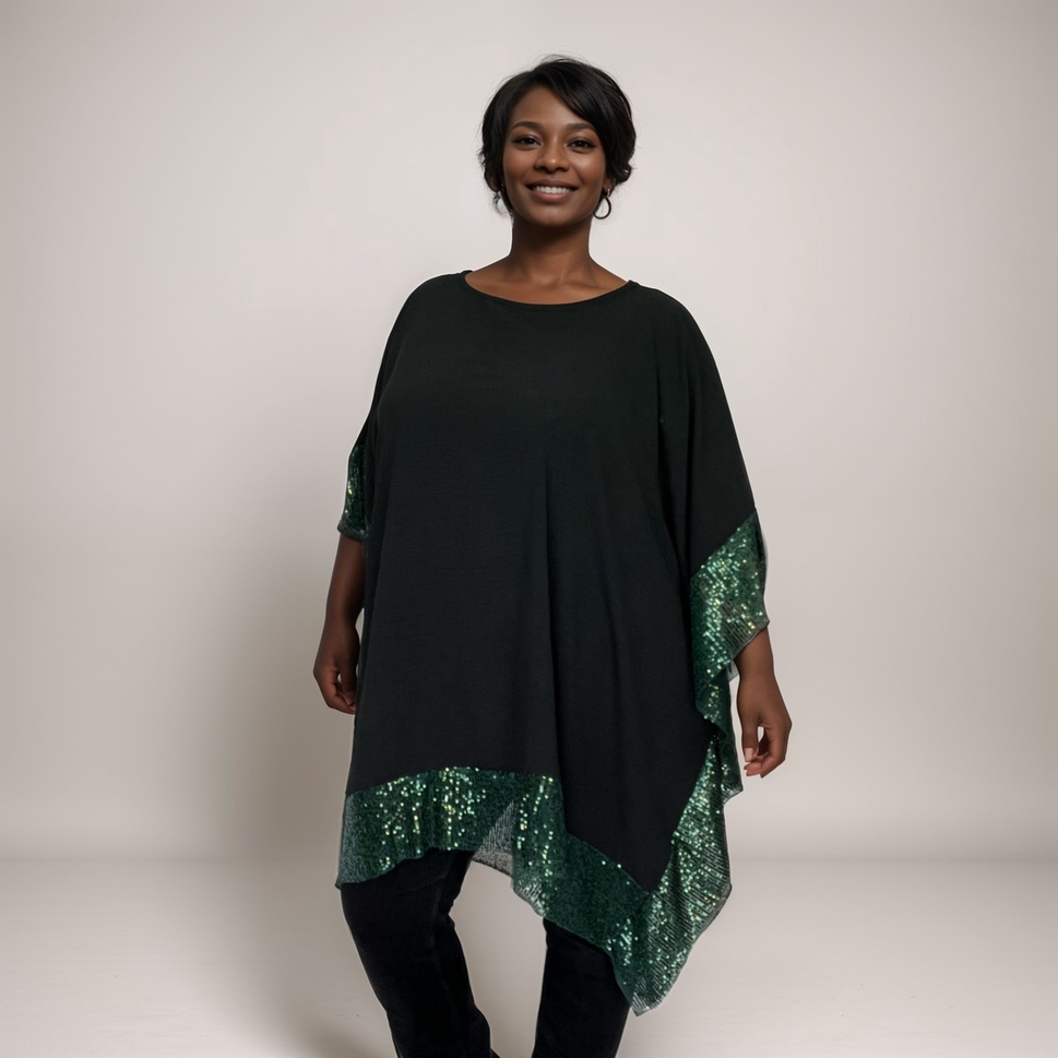 OVERSIZED KAFTAN BLOUSE SEQUIN EDGESBLACK / GREEN / ONE SIZE