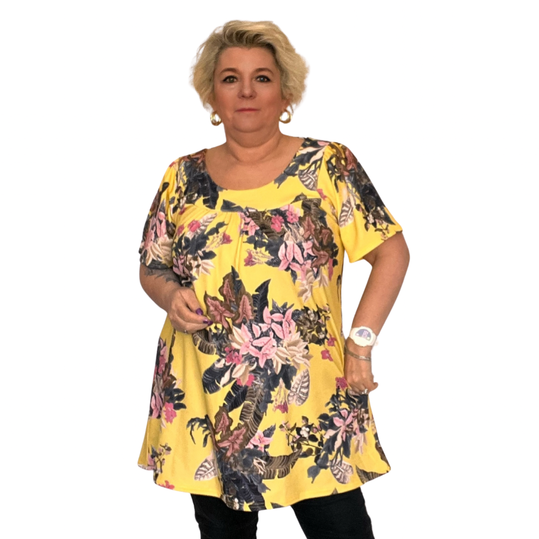 YELLOW TROPICAL SHORT SLEEVE SMOCK TOP