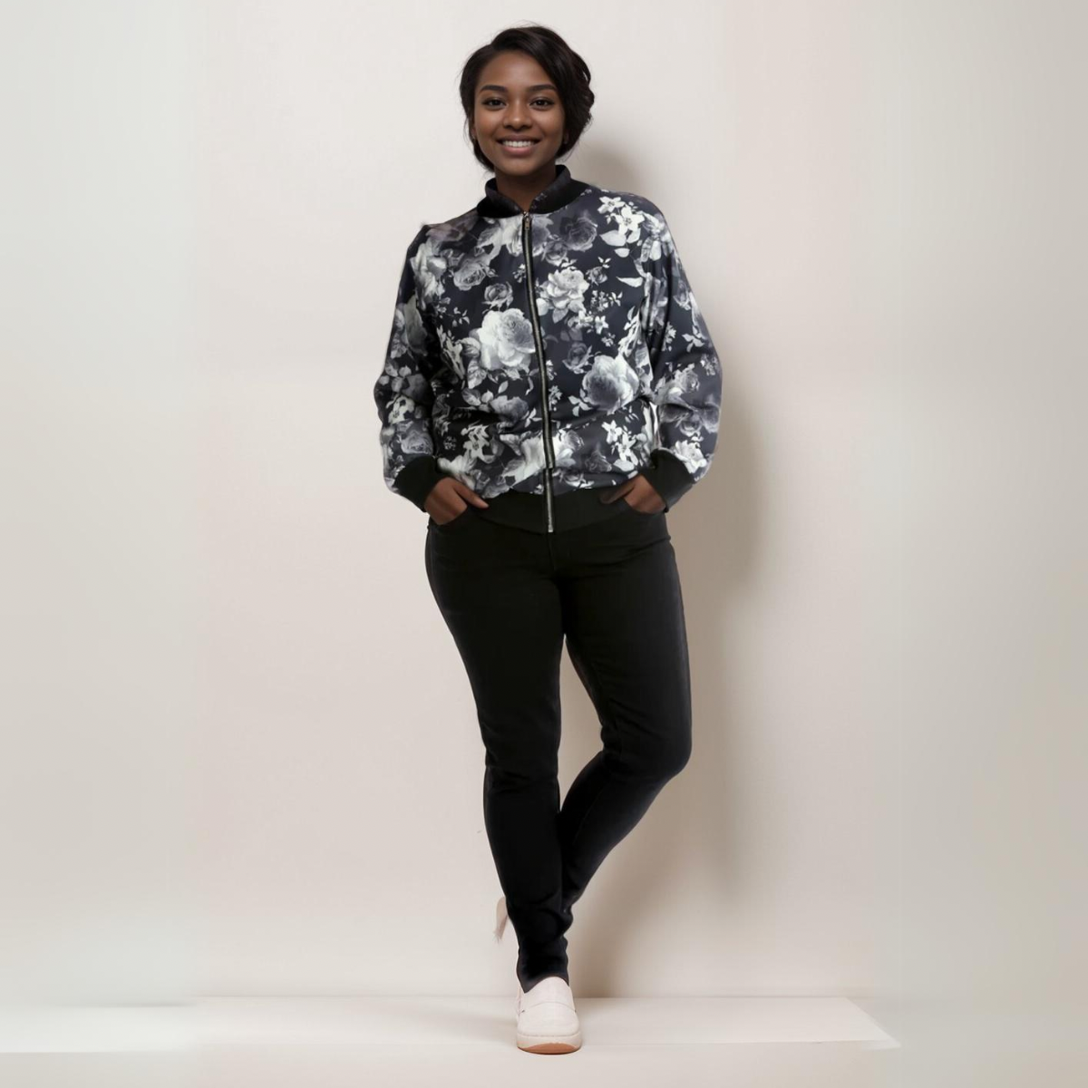 ROCKTHOSECURVES BLACK GREY FLORAL ZIP UP BOMBER JACKET