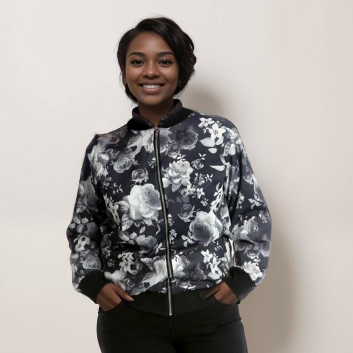 ROCKTHOSECURVES BLACK GREY FLORAL ZIP UP BOMBER JACKET