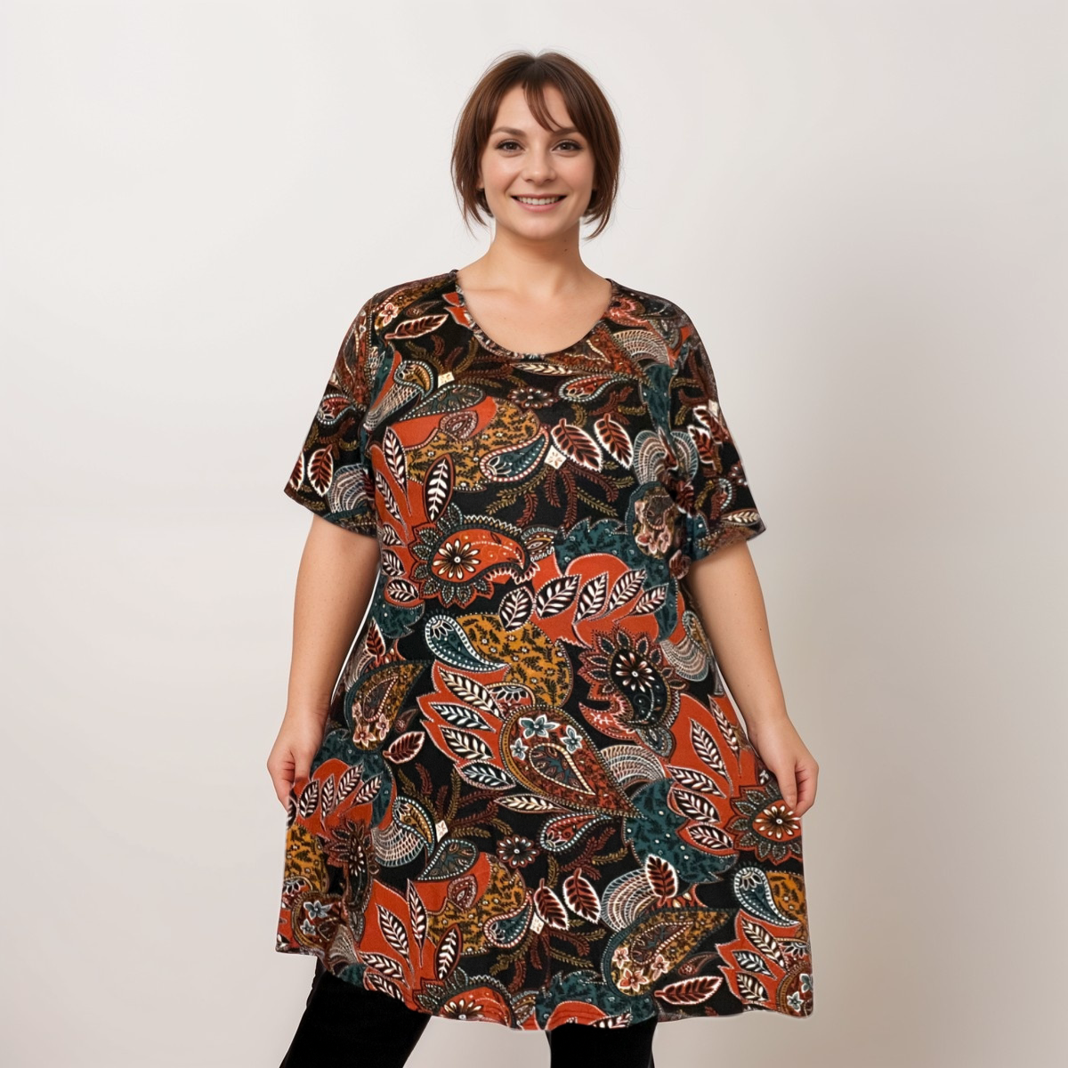 ROCKTHOSECURVES RUST LEAVES PATTERN SHORT SLEEVE A-LINE SWING TOP