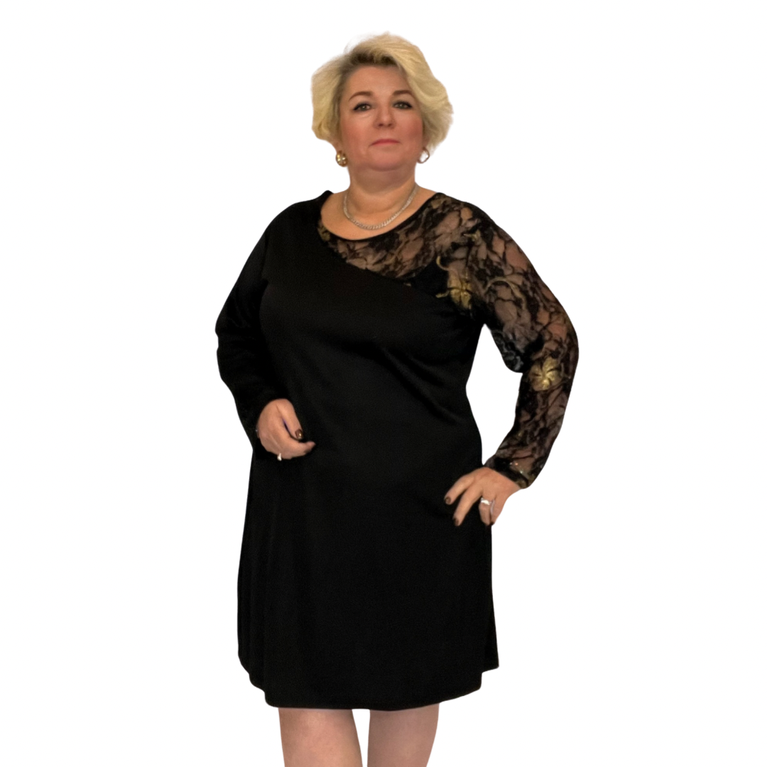 BLACK SHIFT DRESS WITH ONE LACE SLEEVE