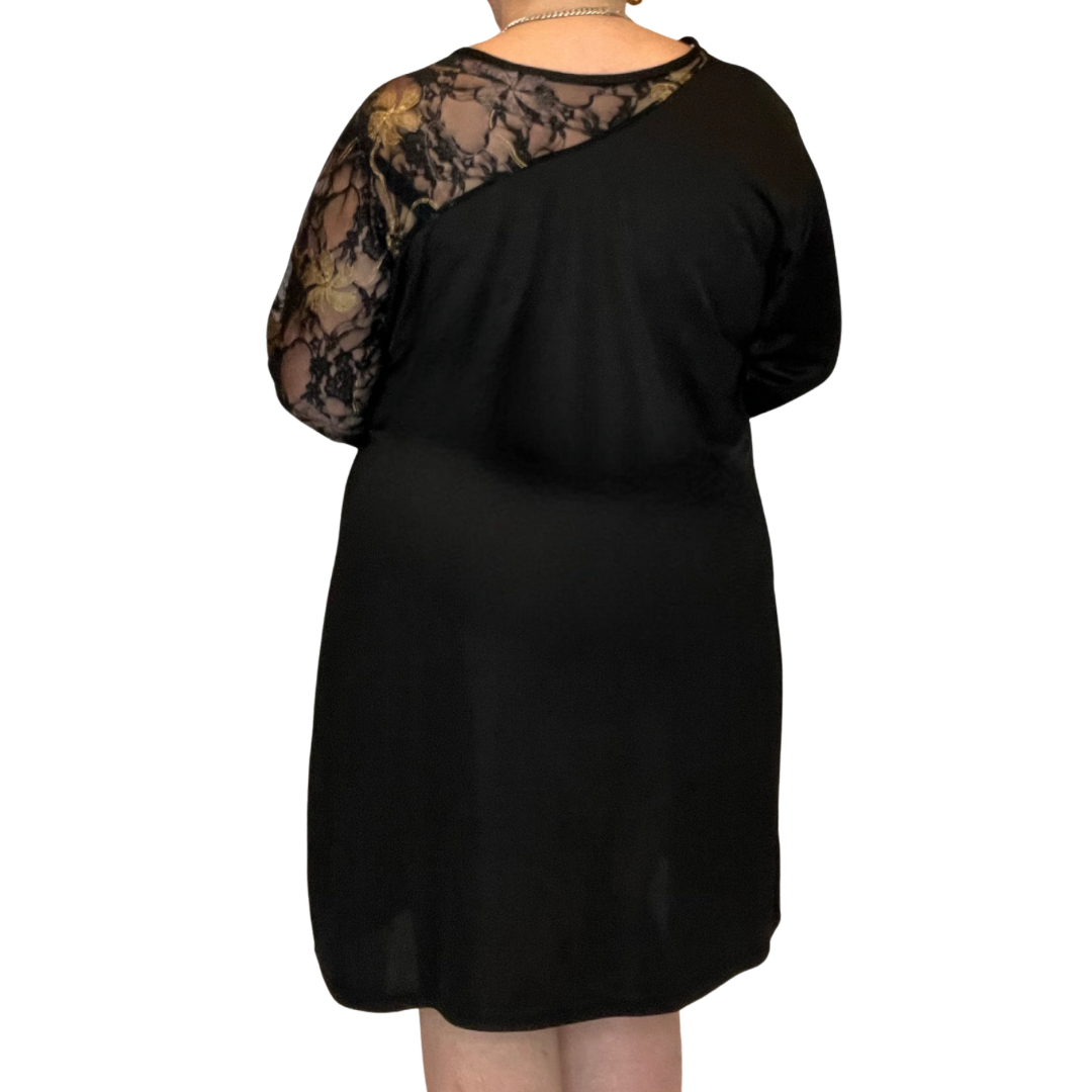 BLACK SHIFT DRESS WITH ONE LACE SLEEVE