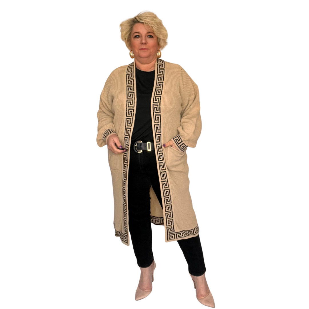 LONG LENGTH OPEN FRONT DUSTER CARDIGAN WITH GRECIAN EDGING