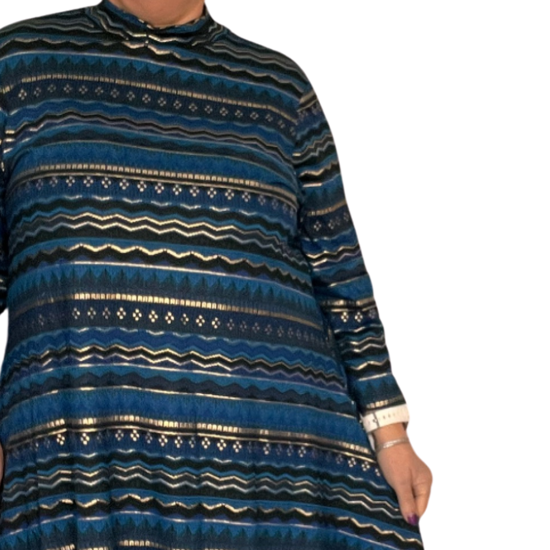 ROCKTHOSECURVES BLUE GOLD AZTEC TURTLE NECK LONG SLEEVE SWING TOP