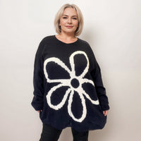 ROCKTHOSECURVES OVERSIZED V-NECK KNITTED JUMPER WITH LARGE FLOWER