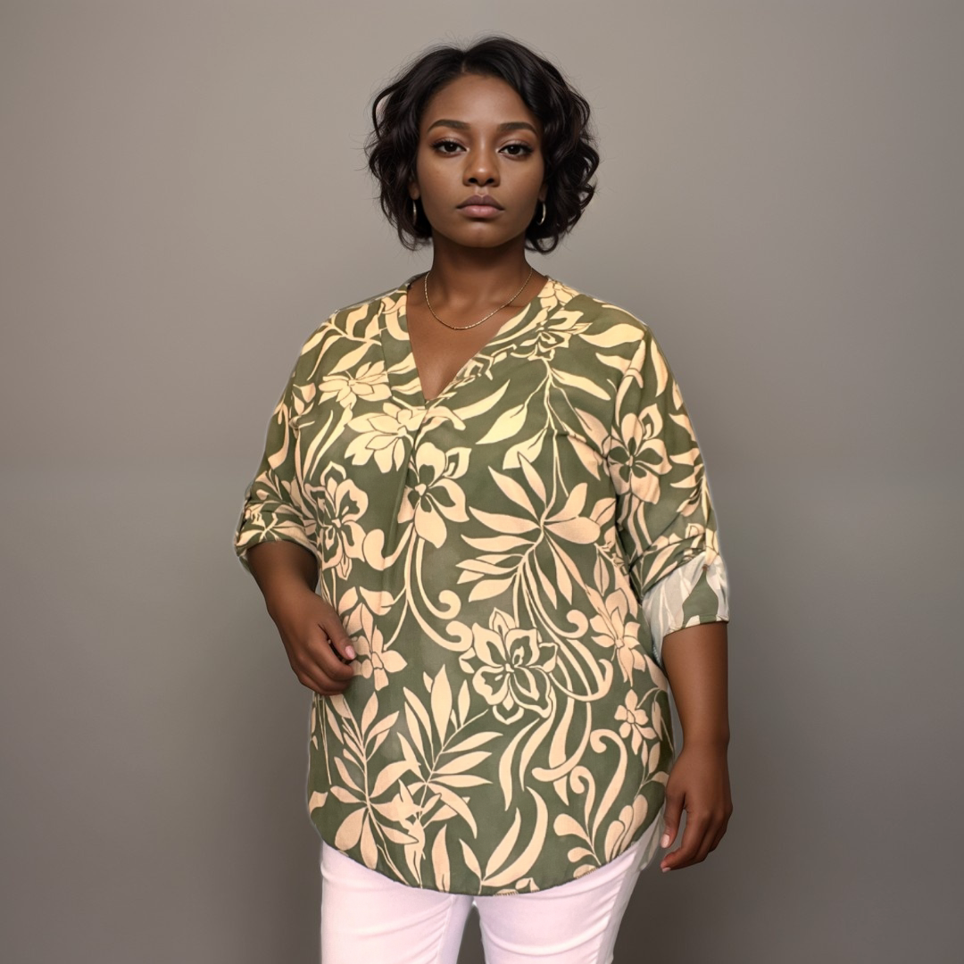 ROCKTHOSECURVES DIPPED HEM V NECK BLOUSE WITH BUTTON SLEEVES