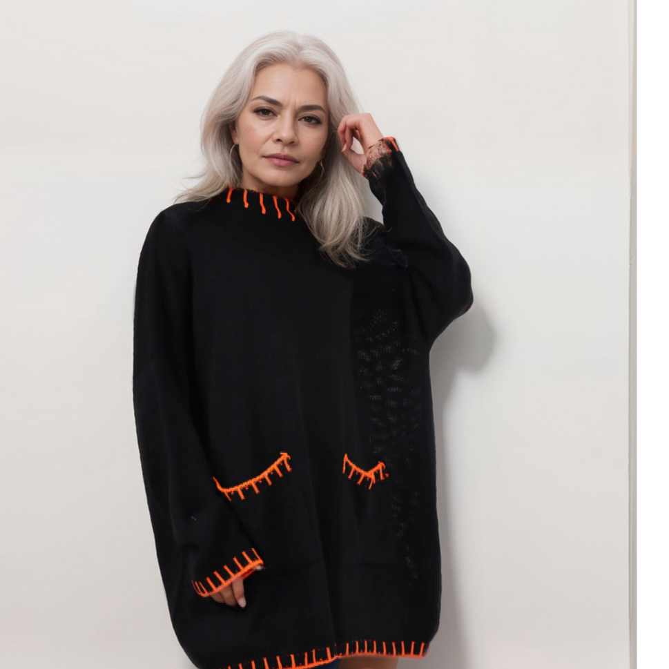 TURTLE NECK LONG JUMPER DRESS BLANKET STITCHBLACK ORANGE / UK 16-18