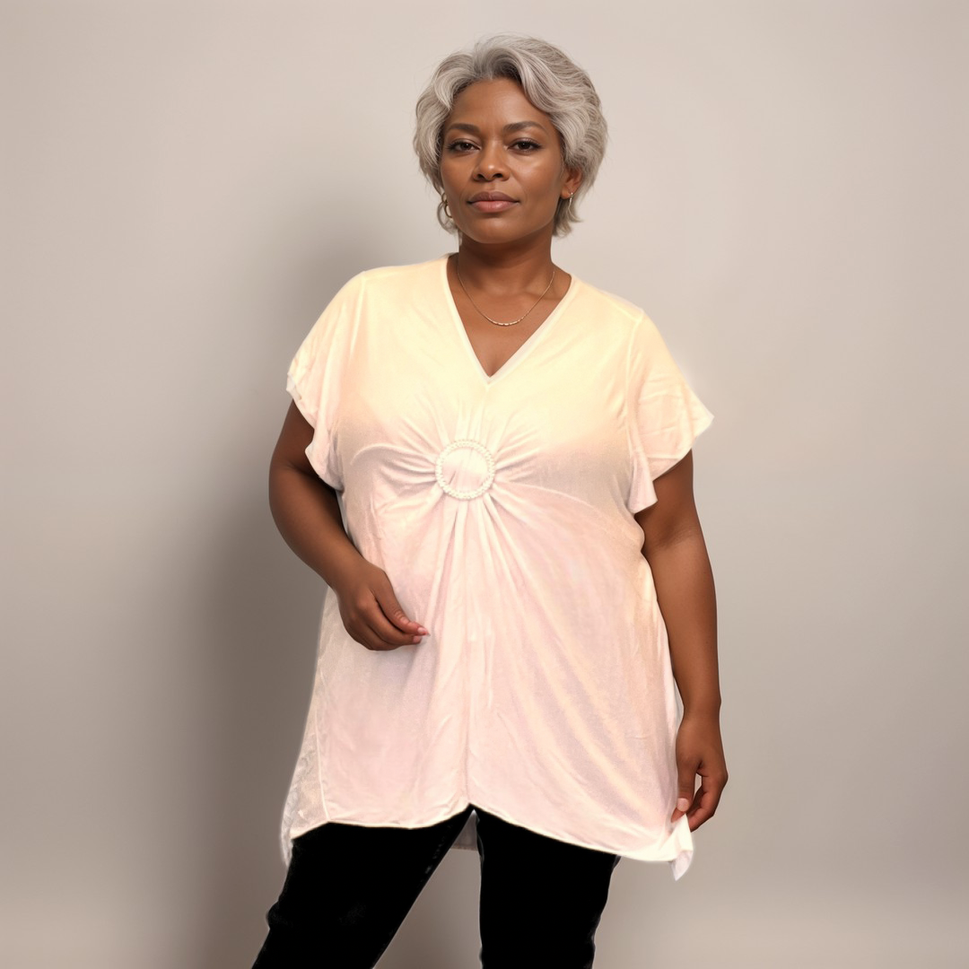 Plus Size Hanky Hem Short Sleeve V‑Neck Top with Circle BroochWHITE / UK 12