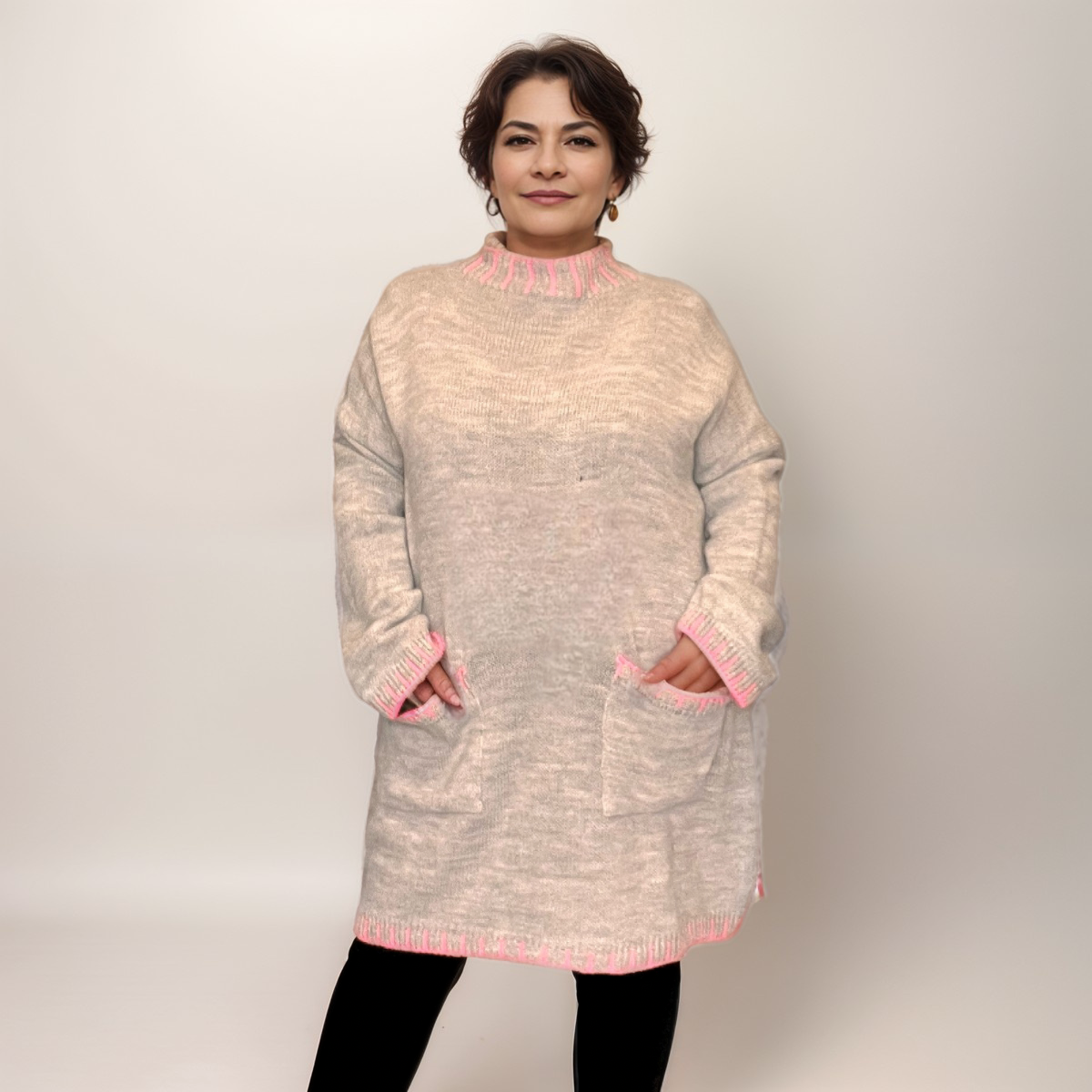 TURTLE NECK LONG JUMPER DRESS BLANKET STITCH