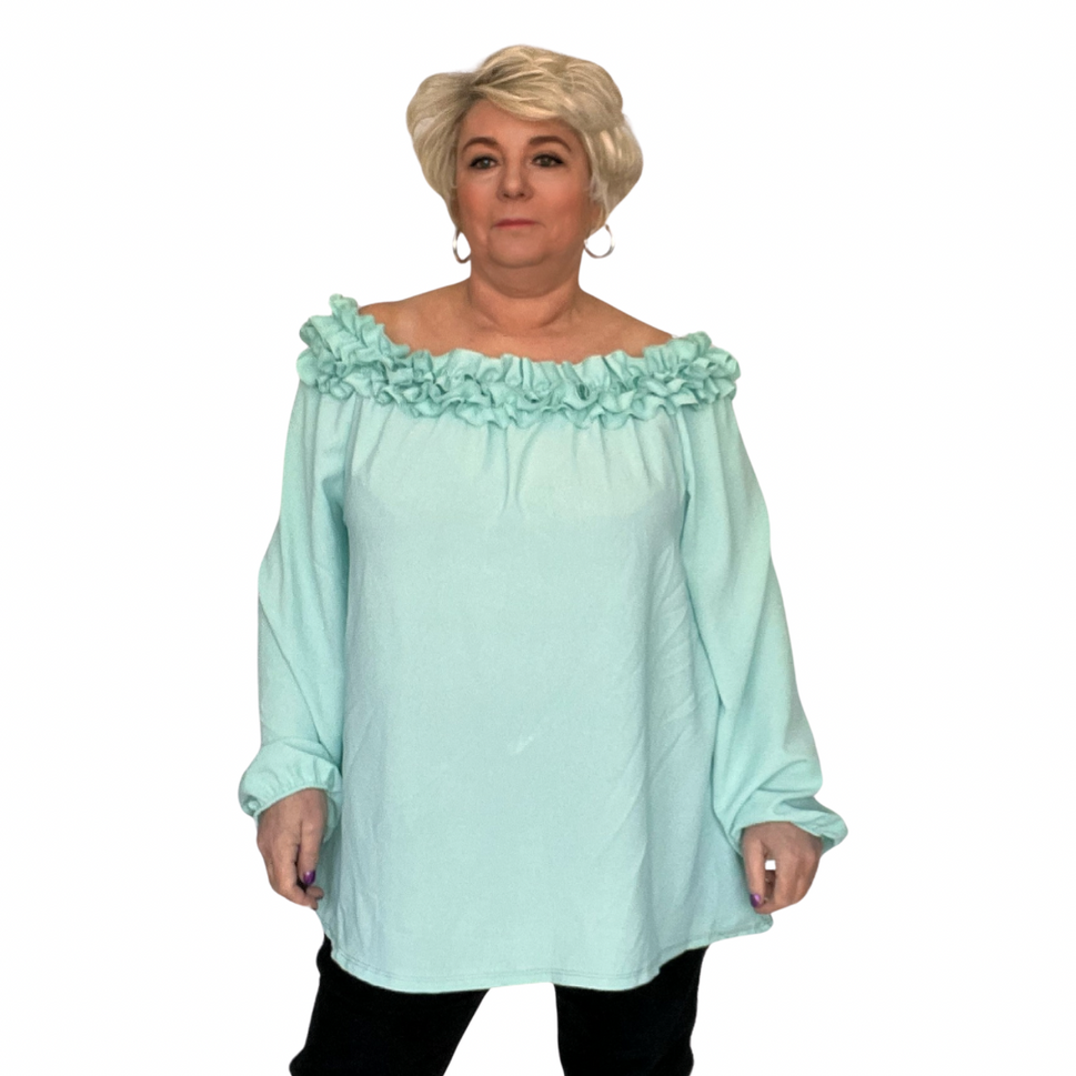 RUFFLED NECK OFF SHOULDER LONG SLEEVE TOP BLOUSESPEARMINT / UK 12-14