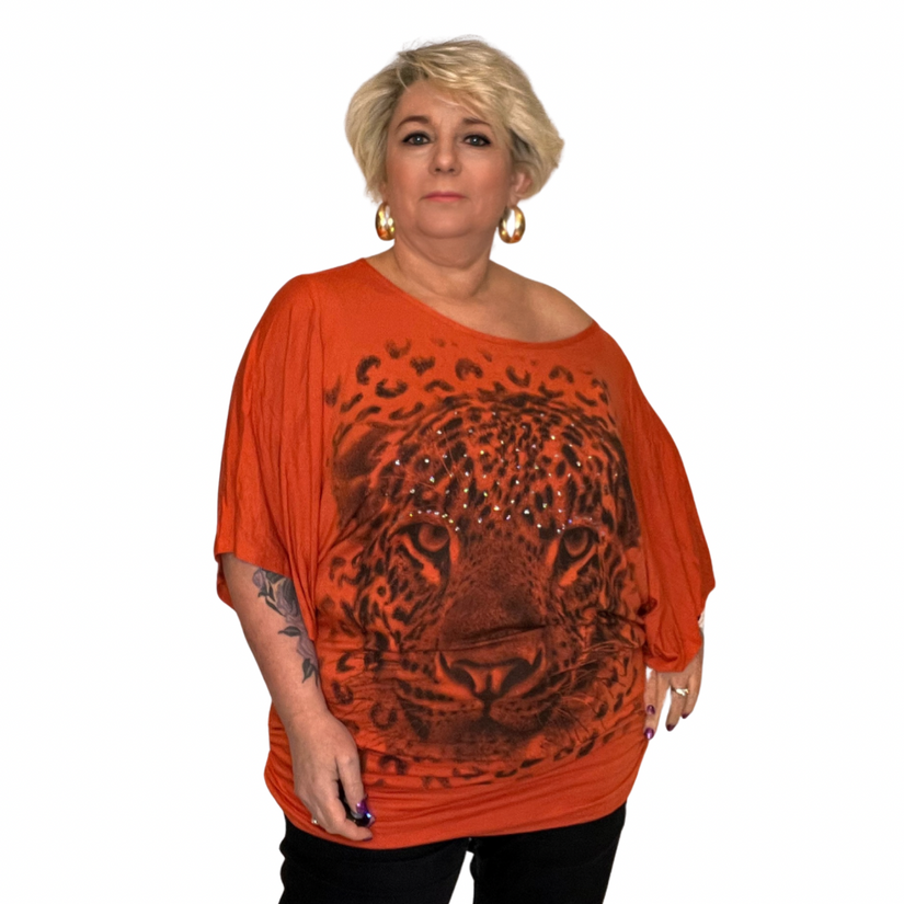 BATWING OVERSIZED TOP OFF SHOULDER SPARKLY LEOPARD PRINT