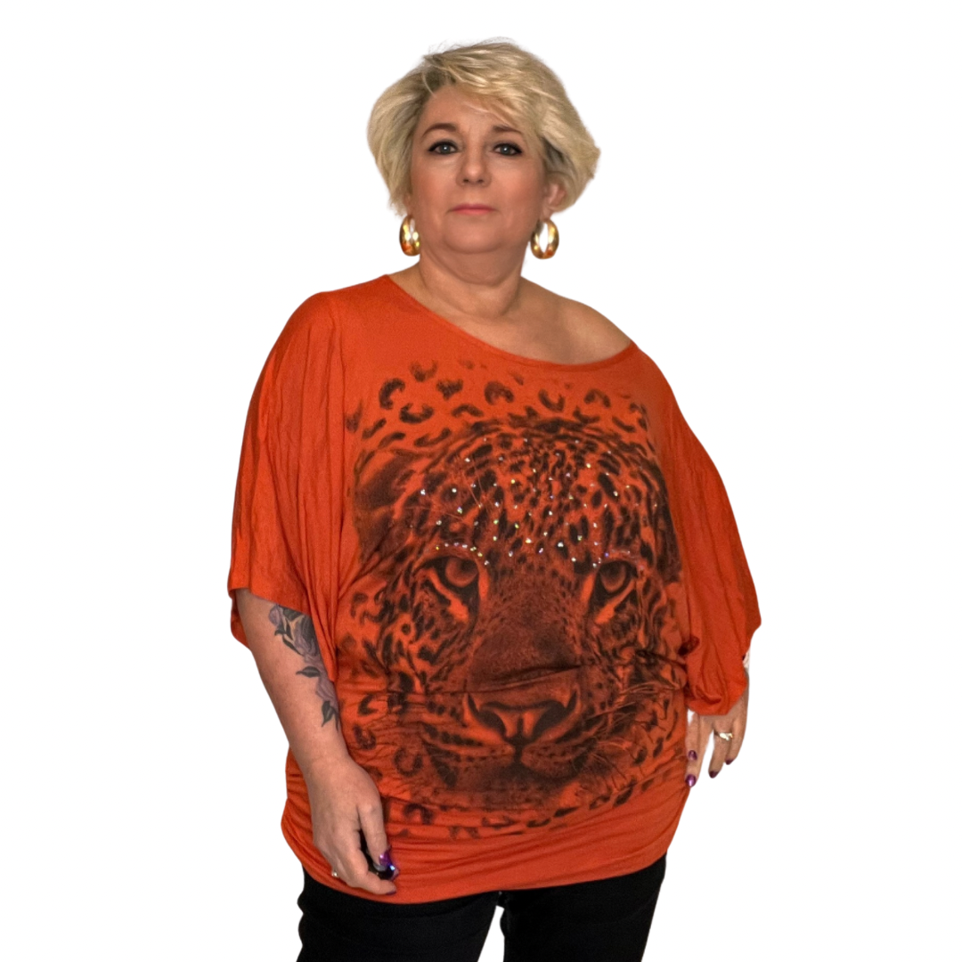 BATWING OVERSIZED TOP OFF SHOULDER SPARKLY LEOPARD PRINT