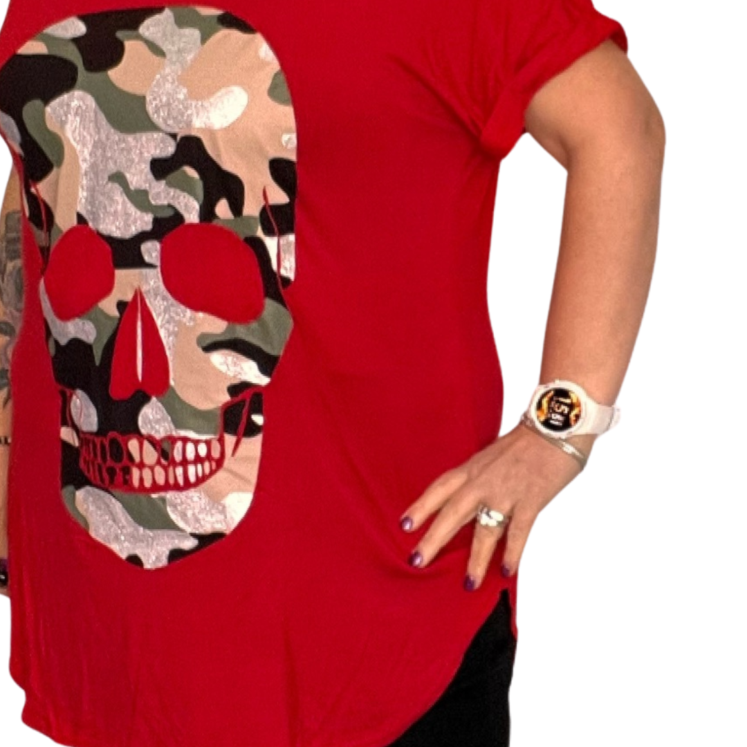 DIPPED HEM SHORT SLEEVE GLITTER SKULL T-SHIRT