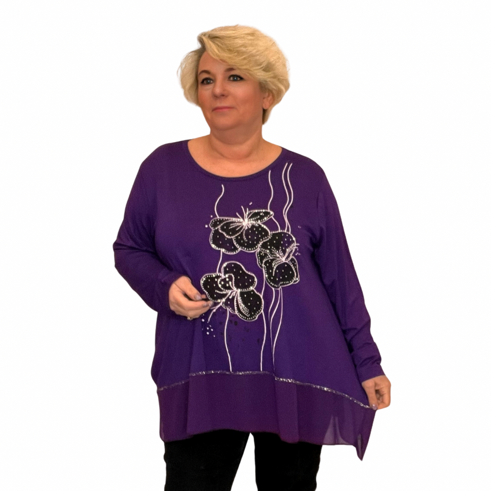 LONG SLEEVE CHIFFON HANKY HEM TOP WITH SPARKLY STUDDED FLOWERSPURPLE / UK 16-18