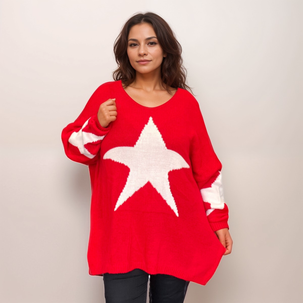 ROCKTHOSECURVES OVERSIZED V NECK KNITTED JUMPER WITH STARS