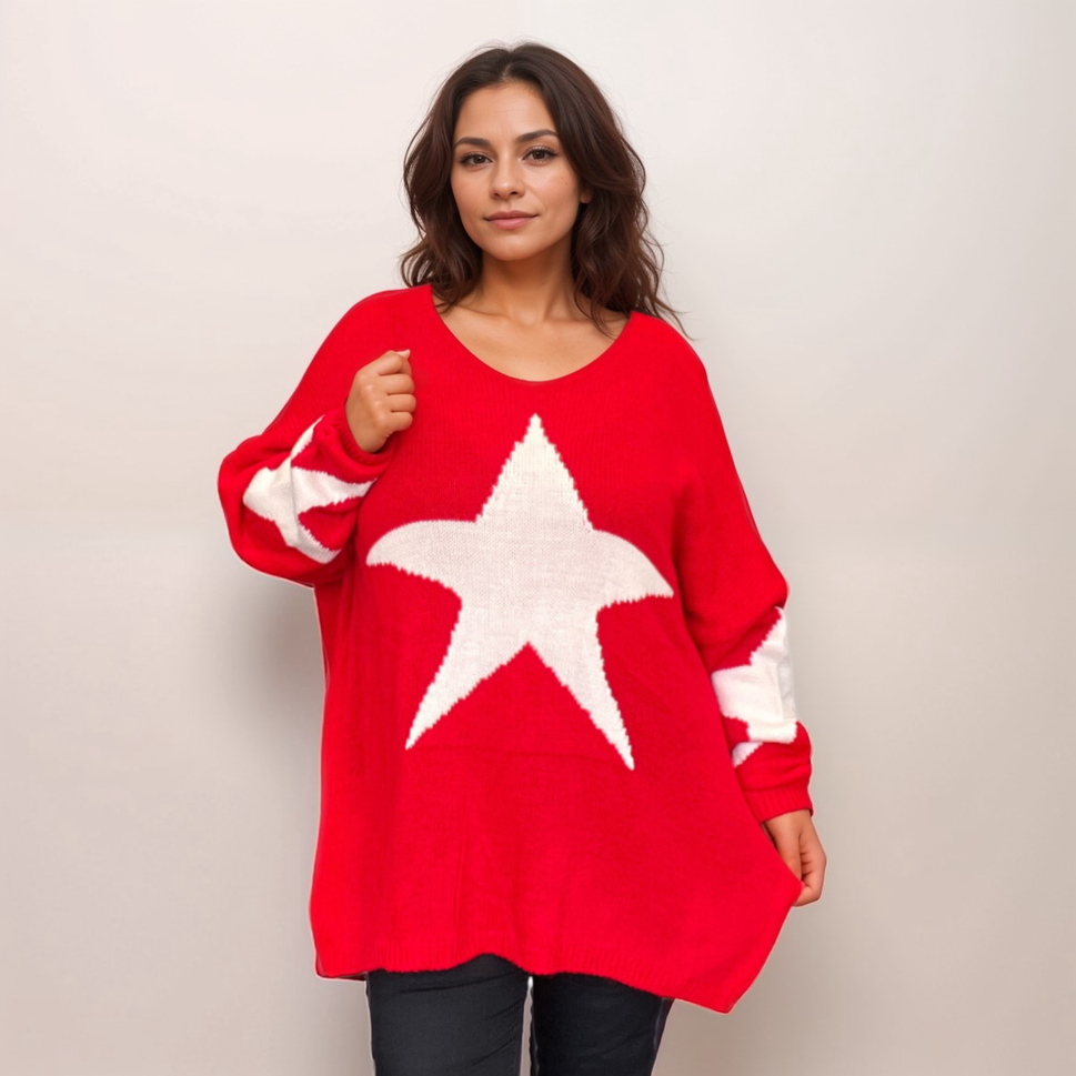 OVERSIZED V NECK KNITTED JUMPER WITH STARSRed / UK 16-18