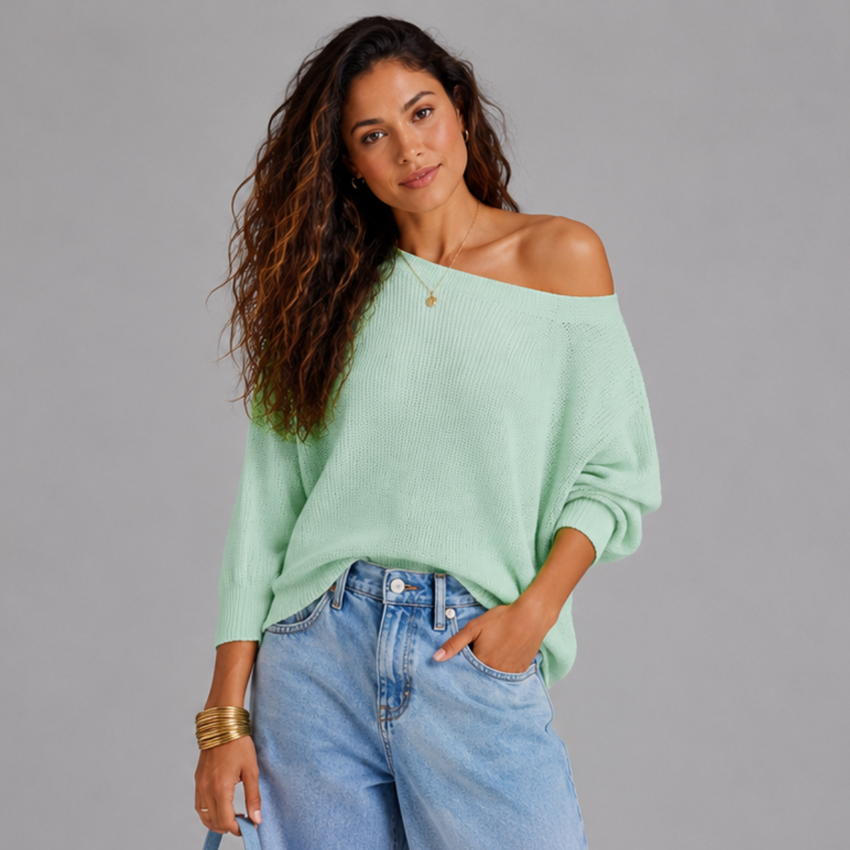 Slash Neck Batwing Light Knit Jumper