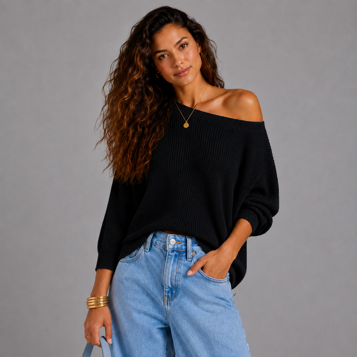Slash Neck Batwing Light Knit Jumper