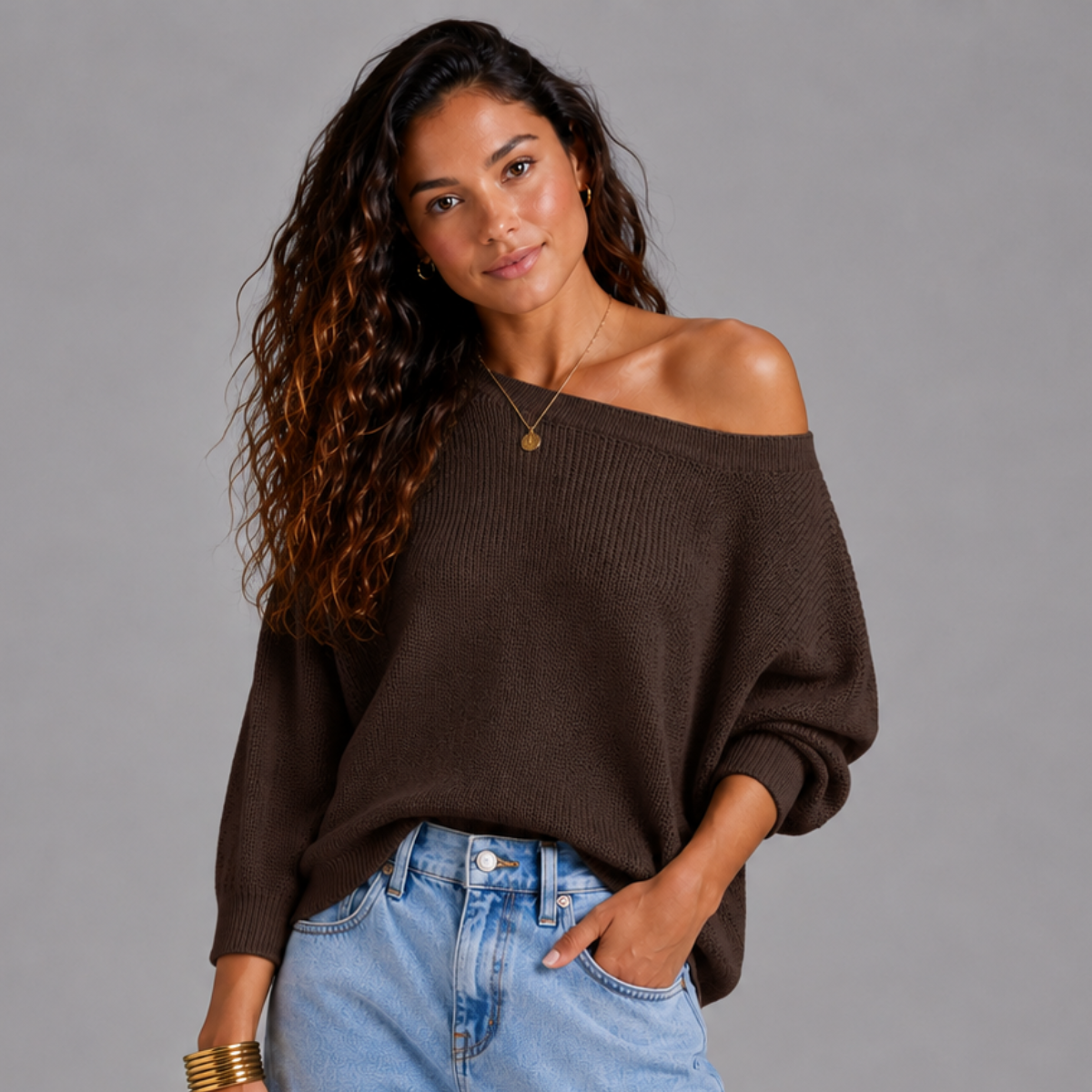 Slash Neck Batwing Light Knit Jumper