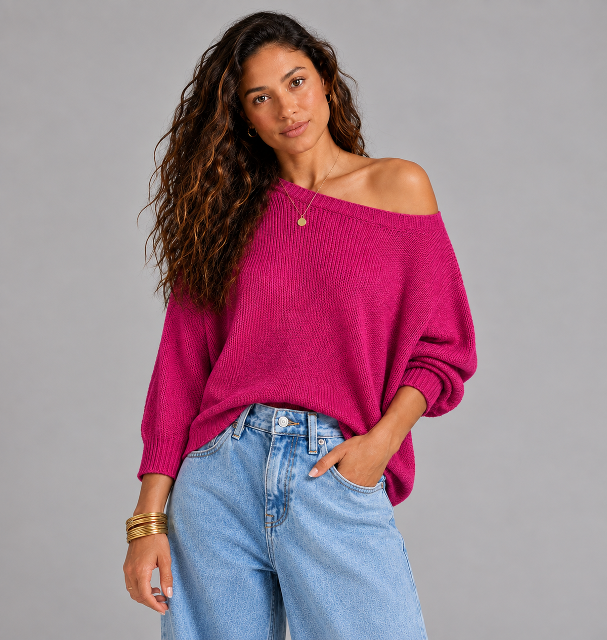 Slash Neck Batwing Light Knit Jumper