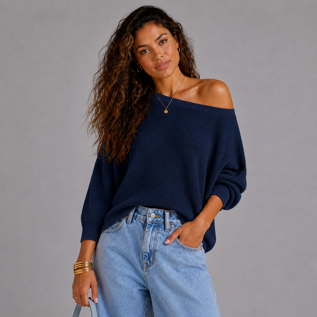 Slash Neck Batwing Light Knit Jumper