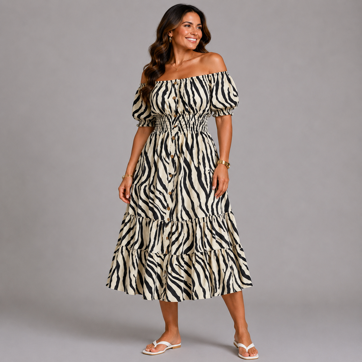 Zebra Print Off Shoulder Animal Print Frilled Gypsy Dress