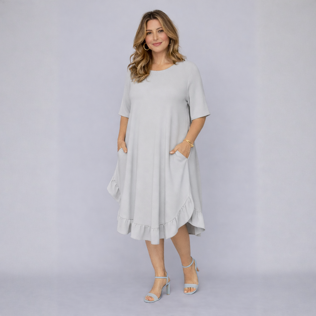Frilled Dipped Hem Round Neck Short Sleeve Dress