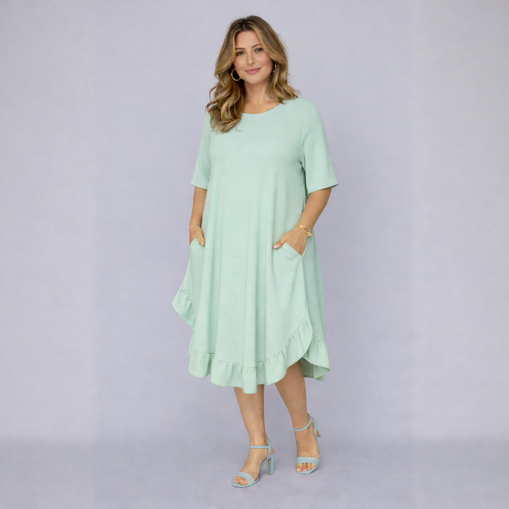 Frilled Dipped Hem Round Neck Short Sleeve Dress
