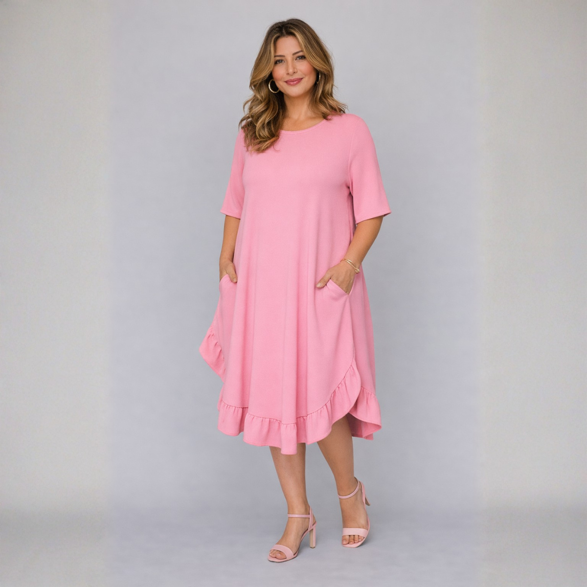 Frilled Dipped Hem Round Neck Short Sleeve Dress