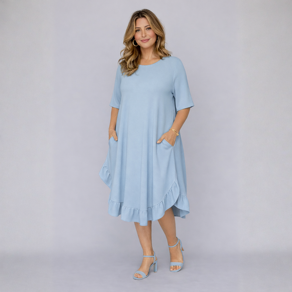 Frilled Dipped Hem Round Neck Short Sleeve Dress