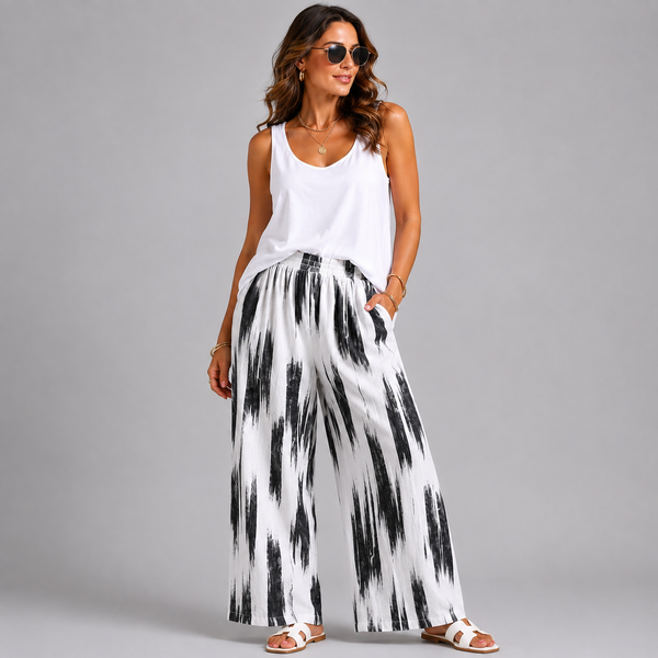 Cotton Paint Splash Elastic Waist Palazzo Trouser with Pockets