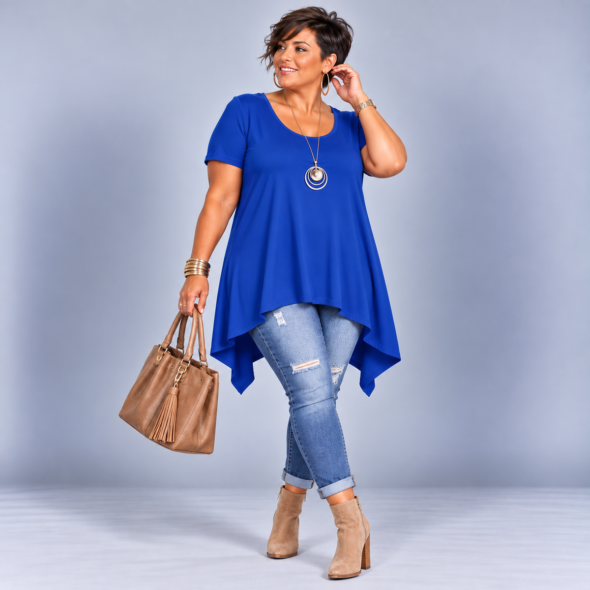 Plain Short Sleeve Hanky Hem Swing Top