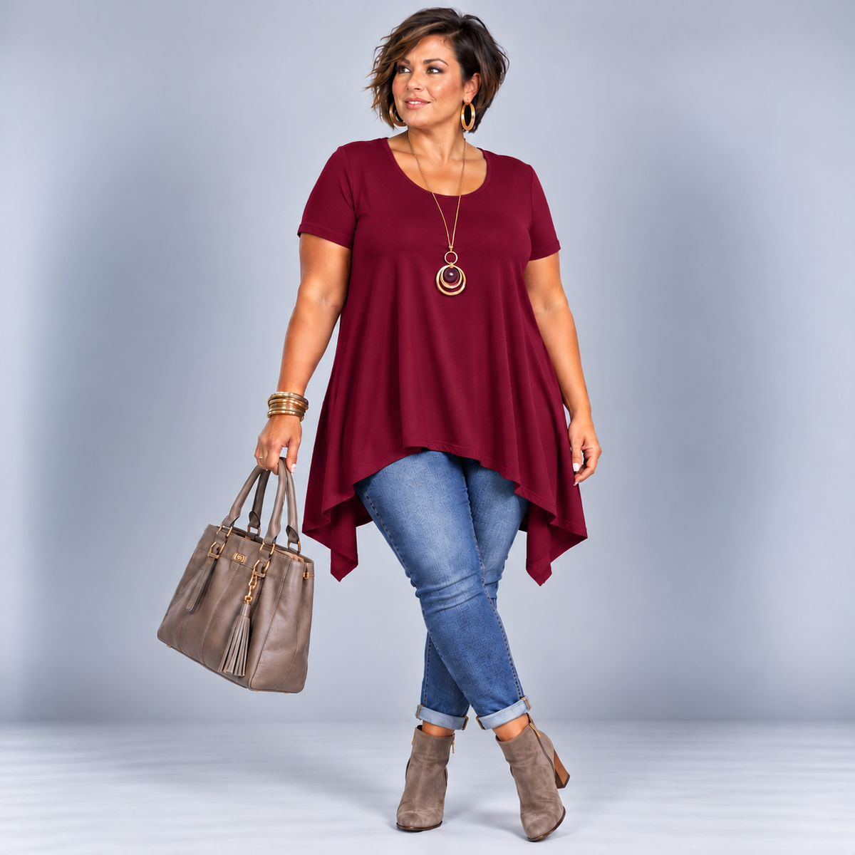 Plain Short Sleeve Hanky Hem Swing Top