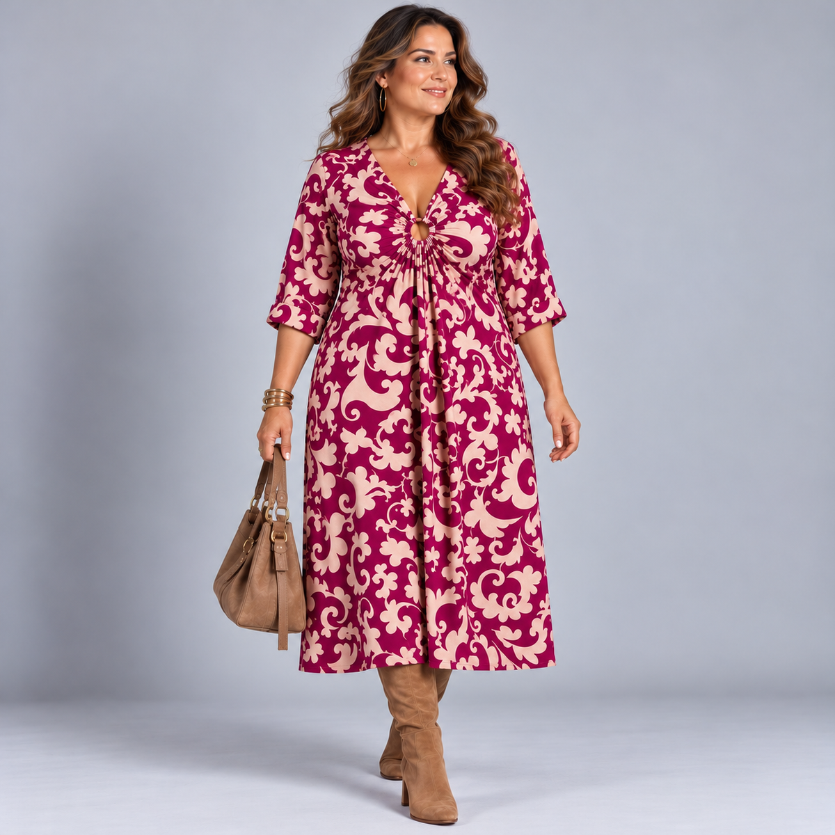 Paisley Print V Neck Batwing Midi Dress